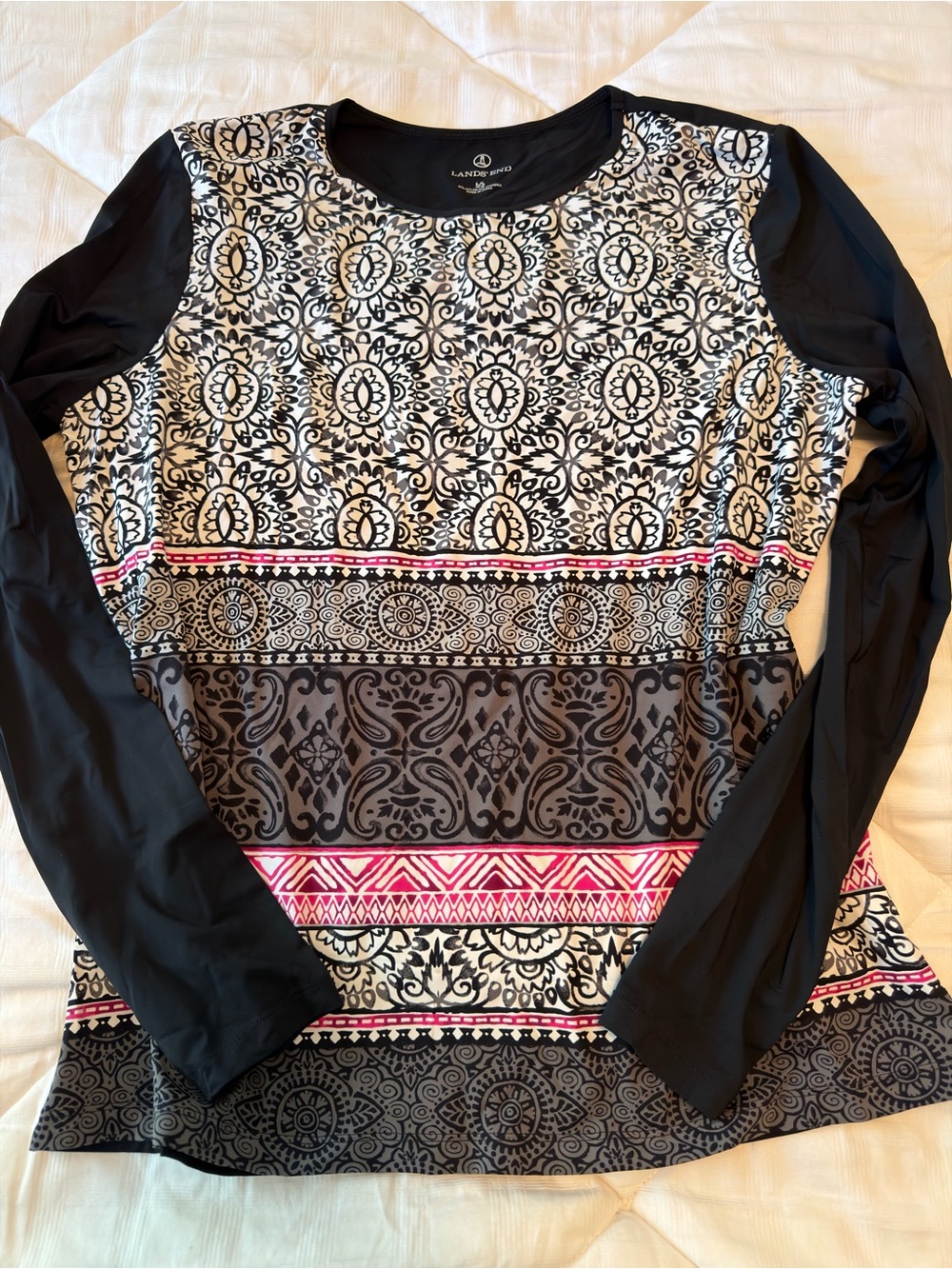 Lands' End Boho Style Long-Sleeve Top with Geometric Accents Soft